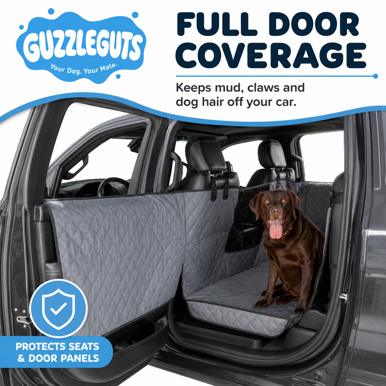 Dog car seat cover with door panel protectors and window inserts fitted in a car