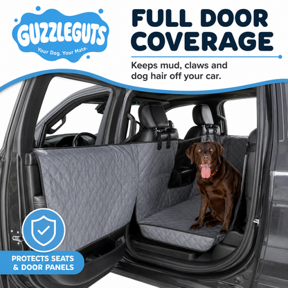 Dog car seat cover with door panel protectors and window inserts fitted in a car