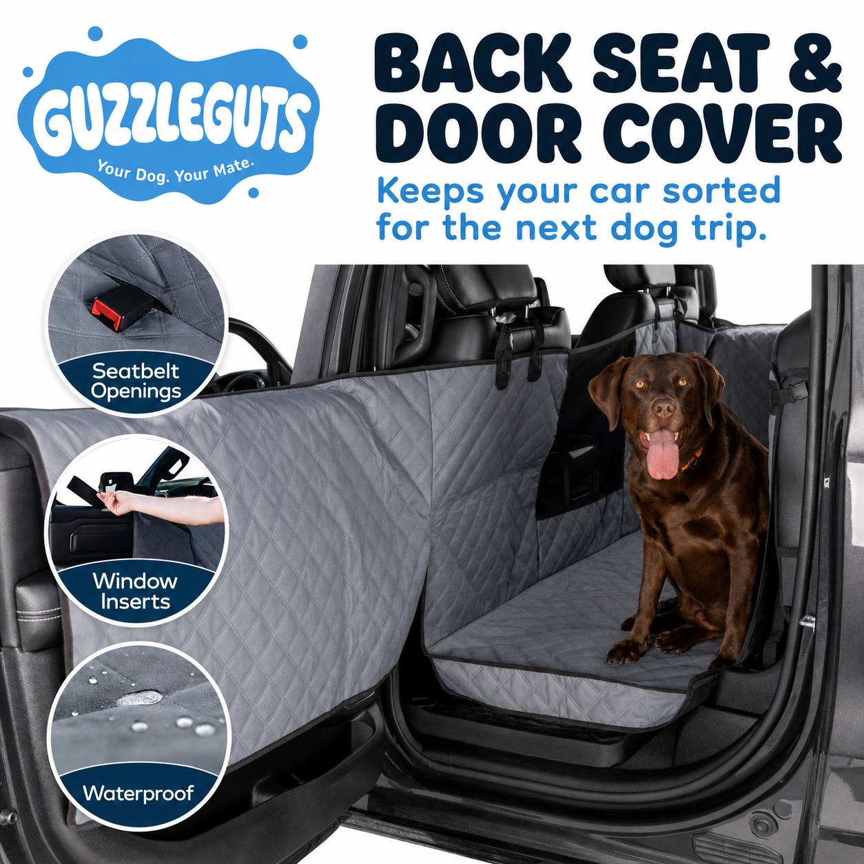 Back seat dog hammock protecting car upholstery from muddy paws and hair