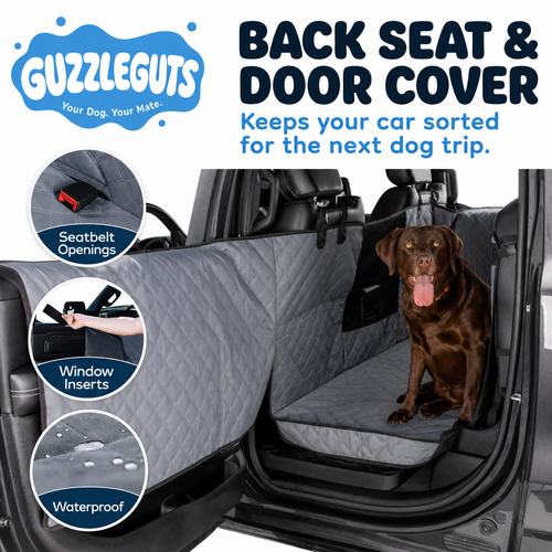Back seat dog hammock protecting car upholstery from muddy paws and hair