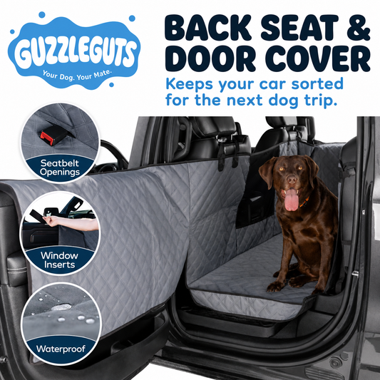 Back seat dog hammock protecting car upholstery from muddy paws and hair