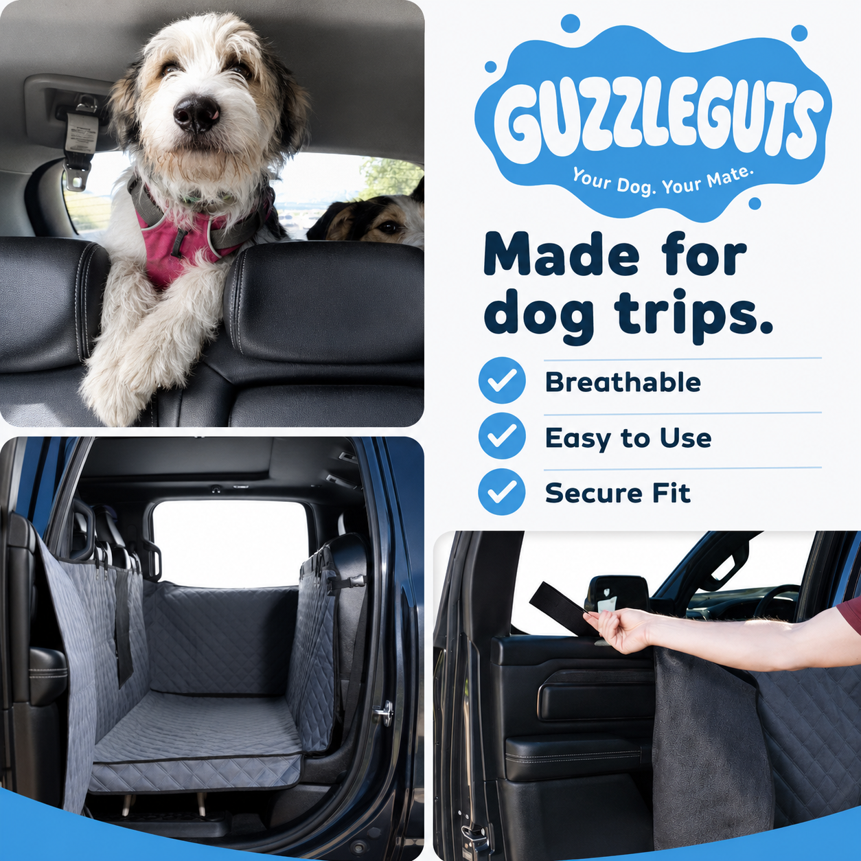 Dog relaxing on the GuzzleGuts Backseat Defender dog car seat hammock