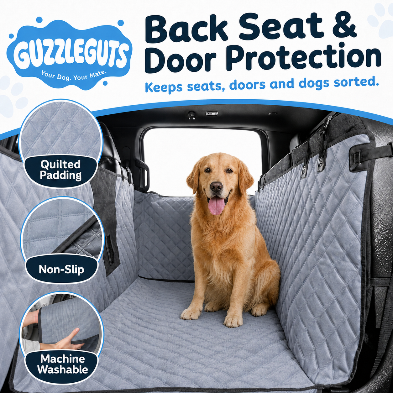 GuzzleGuts dog car hammock with seatbelt openings for cars, SUVs and utes